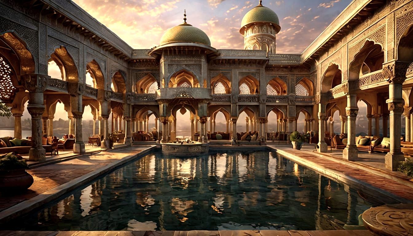 Moghul Palace on Serene Lake in Nouveau Style