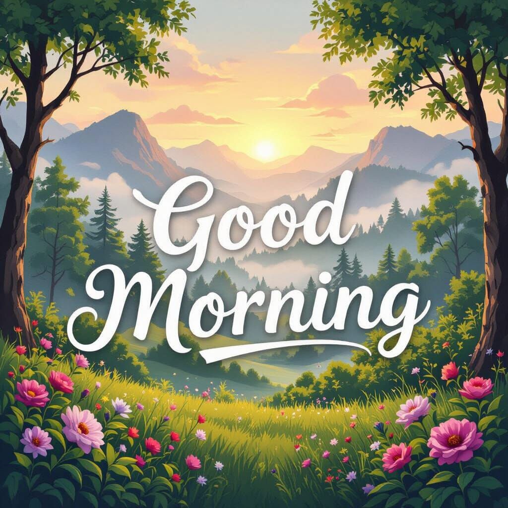 Misty Mountain Sunrise Landscape with Floral Text