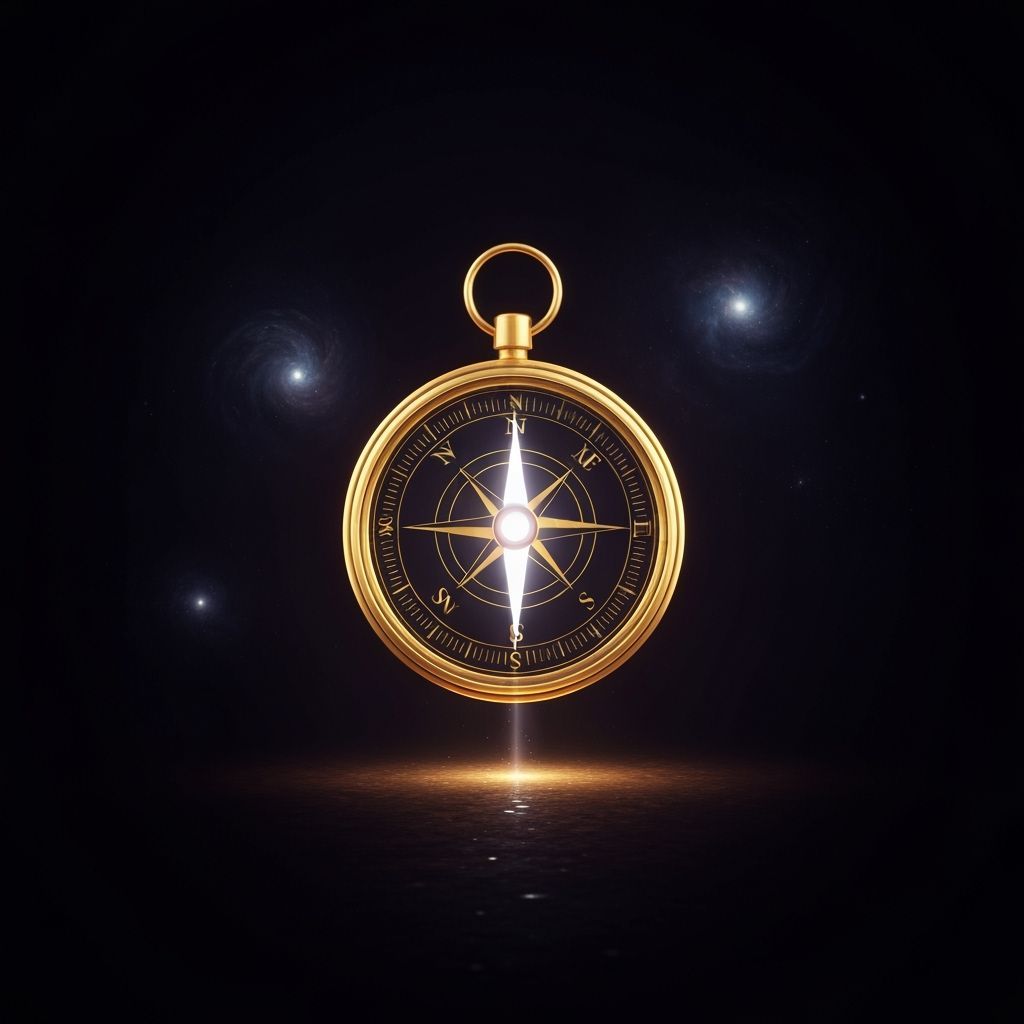 Radiant Golden Compass in Surreal Cosmic Darkness