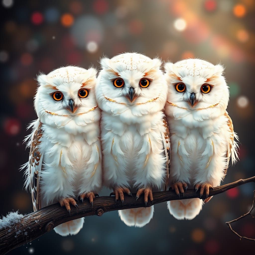 Three Fluffy Owls on a Branch in Hyperrealism