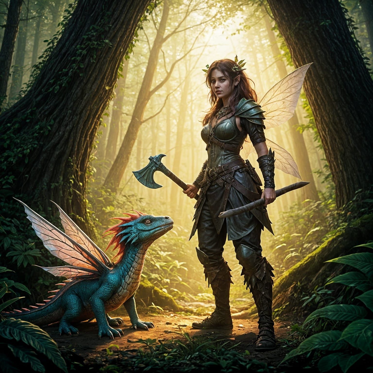 Fairy Ranger and Pseudodragon in Forest, Fantasy Art