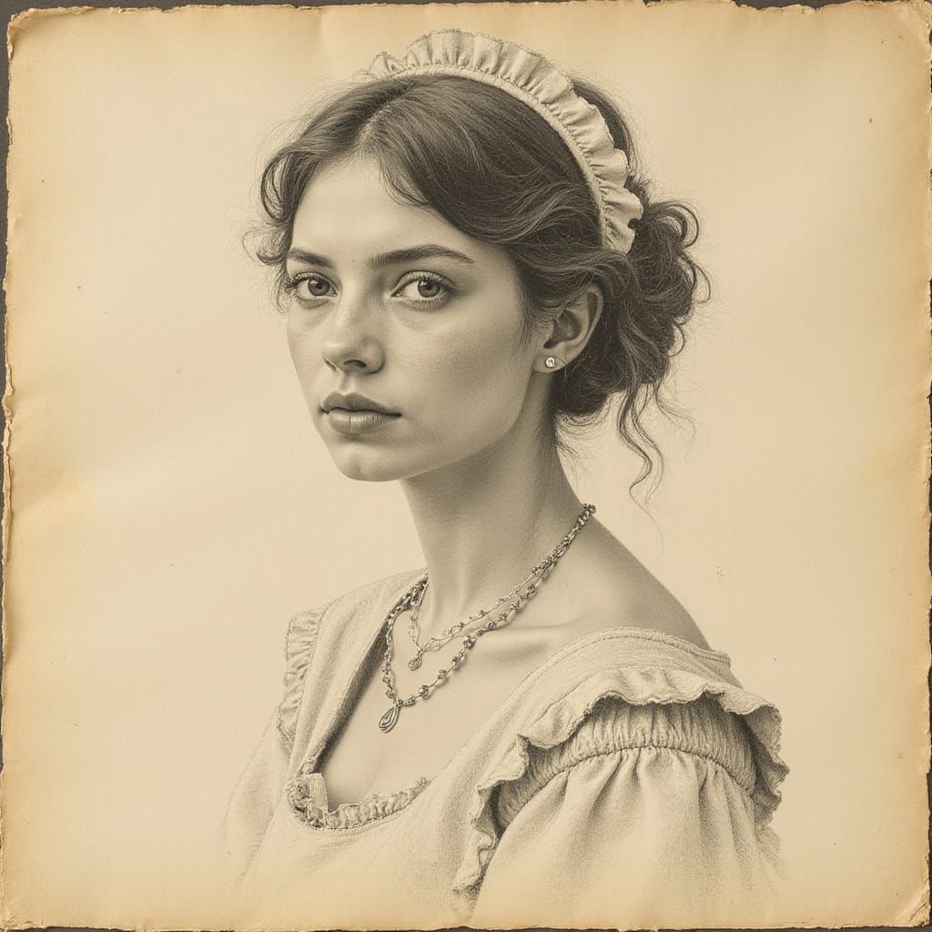 Elegant Maid's Portrait in Soft Pencil on Yellowed Paper