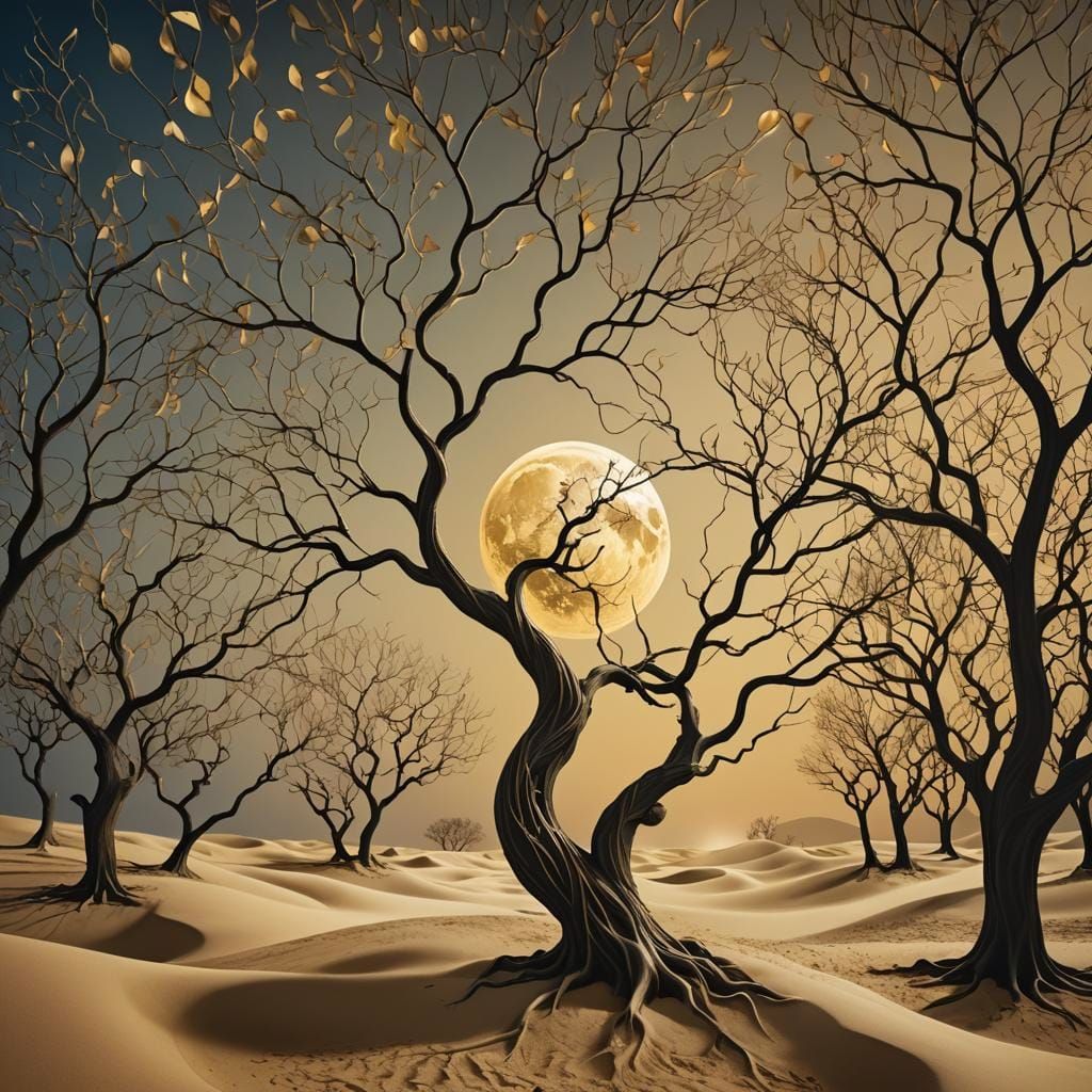 Surreal Sand Trees with Golden Moon