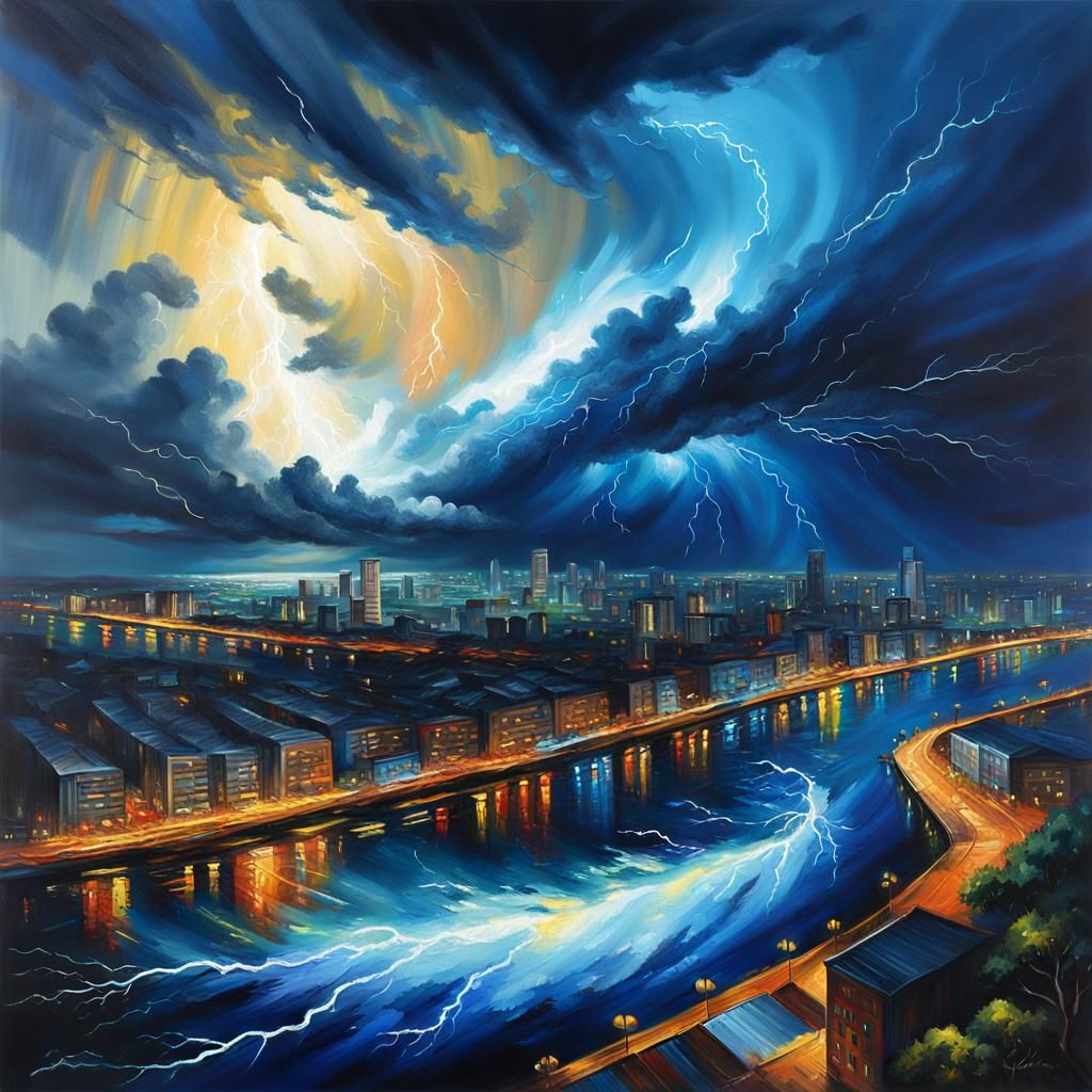 Typhoon Over City: Expressive Oil Painting