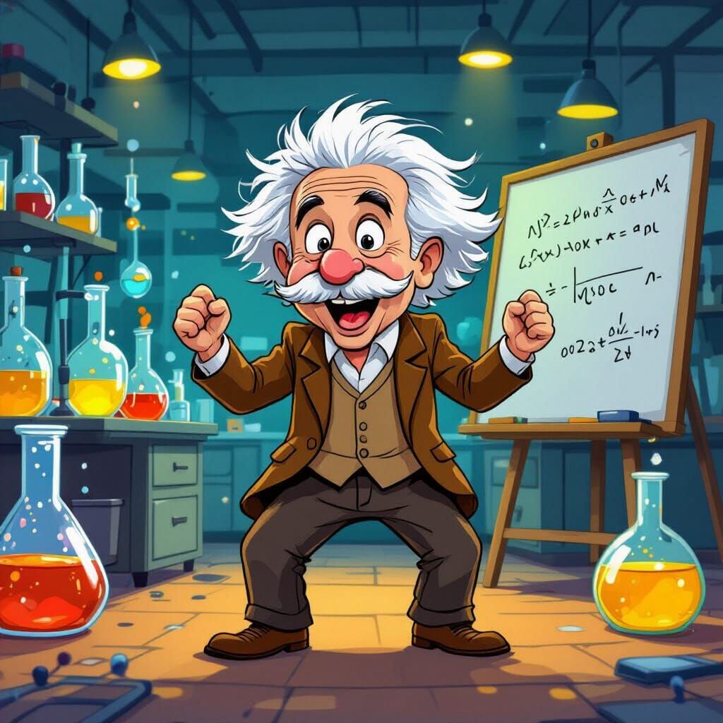 Einstein Doing the Griddy Dance in Cartoon Style