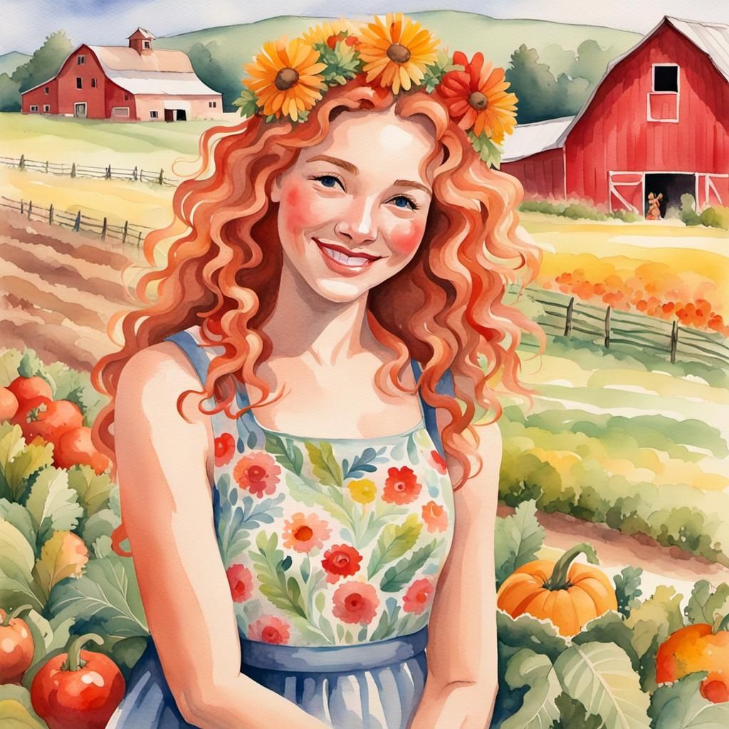 Vibrant Watercolor of a Happy Farm Woman
