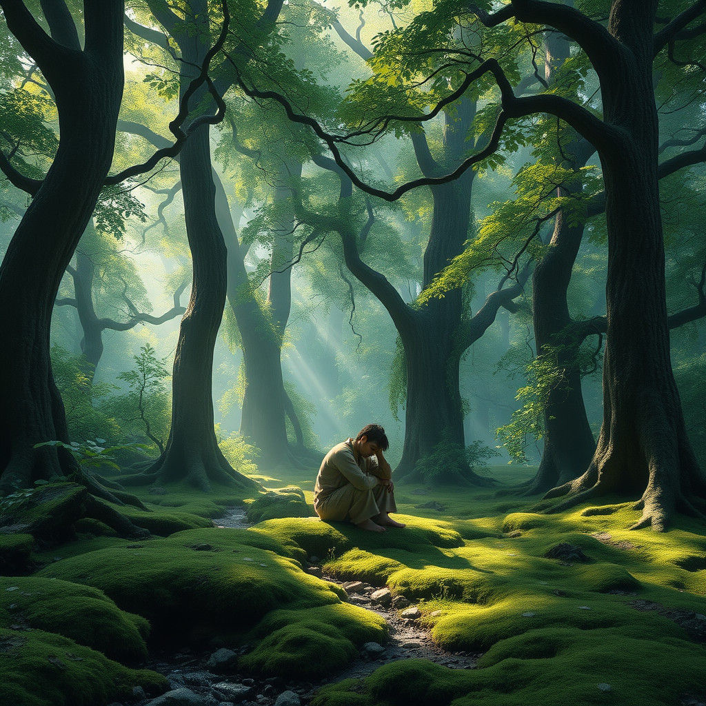 Serene Forest Glade with Contemplative Figure