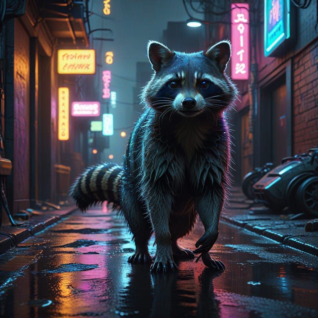 Cyberpunk Raccoons in Neon Alleyway Digital Art