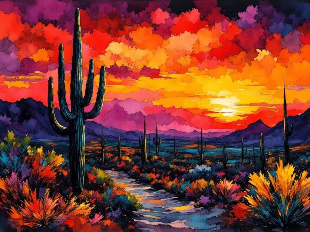 Vibrant Arizona Sunset in Geometric Fauvism Style