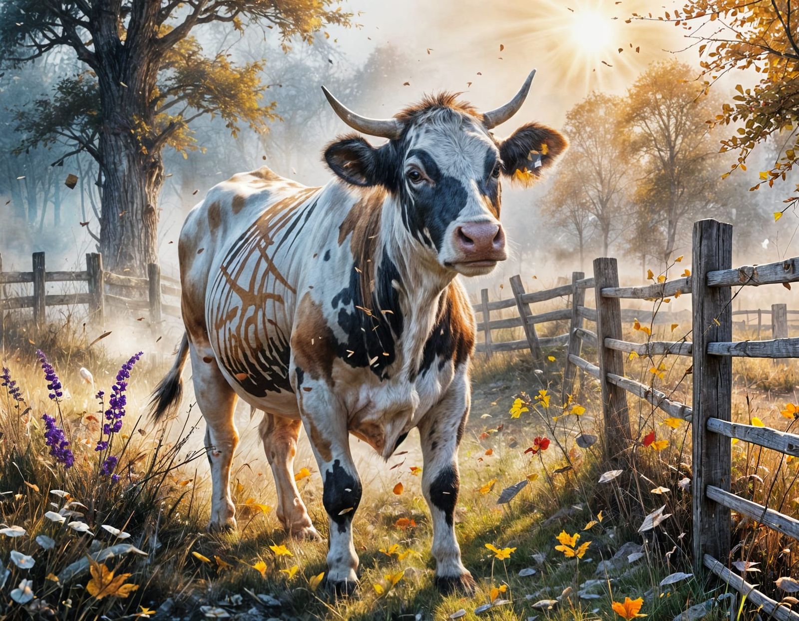 Zebra-Striped Cow in Autumn Meadow: Watercolor Art