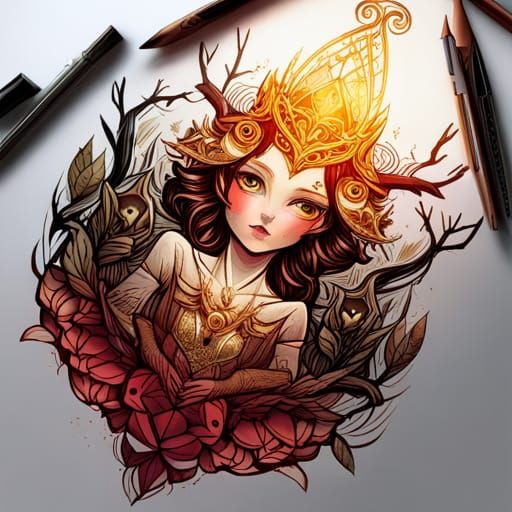 Owl Princess with Golden Outlines Digital Art