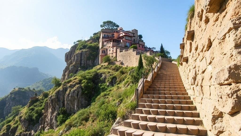 Winding Staircase Connecting Village to Nature