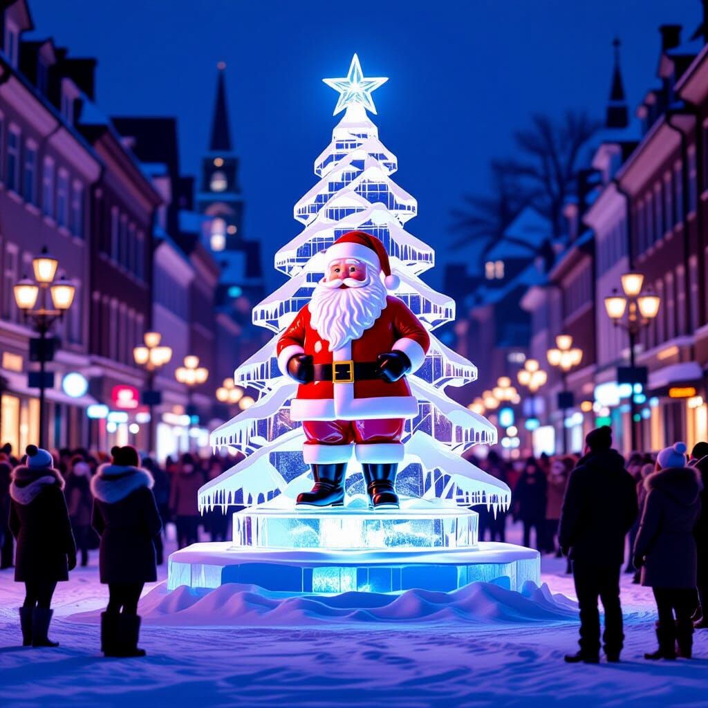 Intricate Ice Sculpture of Christmas Tree & Santa in Snowy S...
