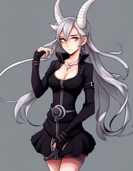 Grey Tiefling Woman with Horns in Anime Style