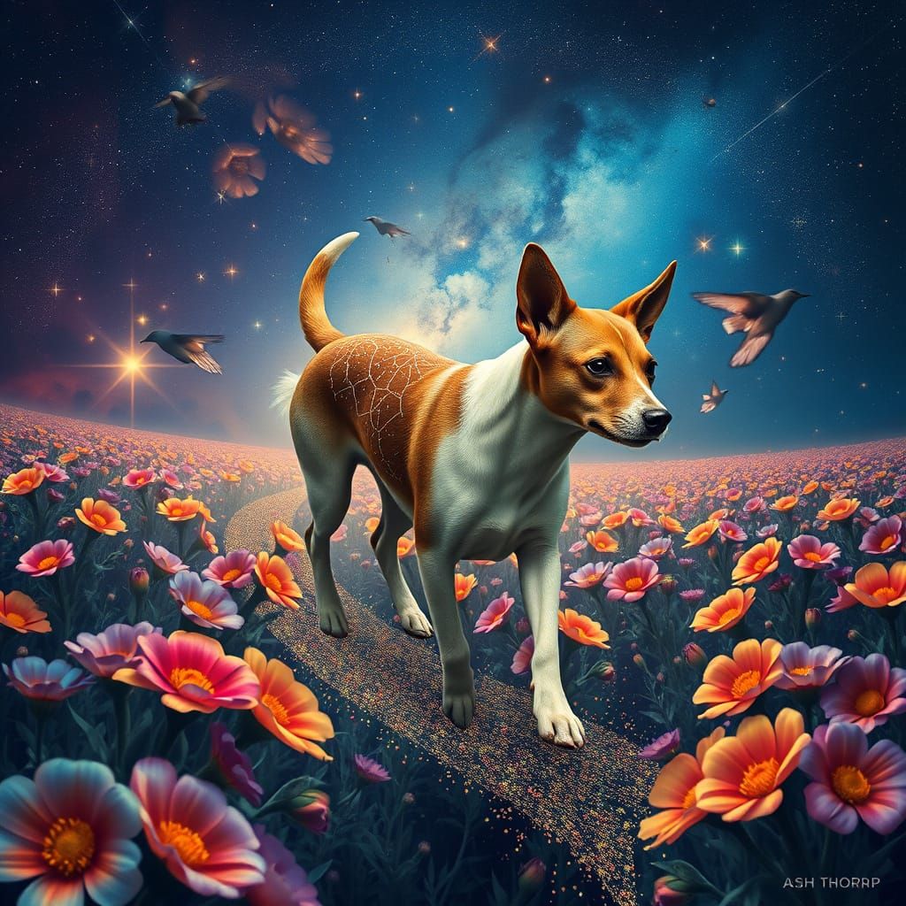 Surreal Dog-Pie Walks Through Iridescent Flower Field