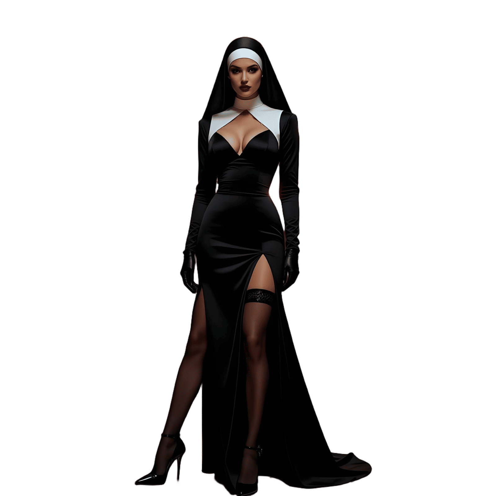 A captivating  nun, stands in a secret chamber hidden deep w...