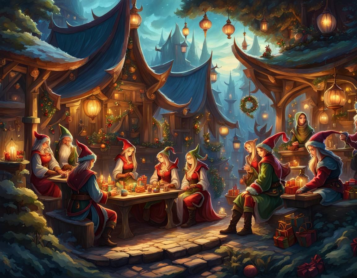 Intricate Ink Painting of Christmas Elves Making Toys
