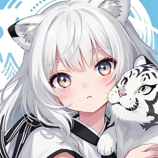 Girl and White Tiger in Anime Style