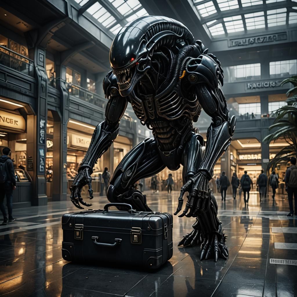 Xenomorph Luggage in Shopping Center: Detailed Matte Paintin...