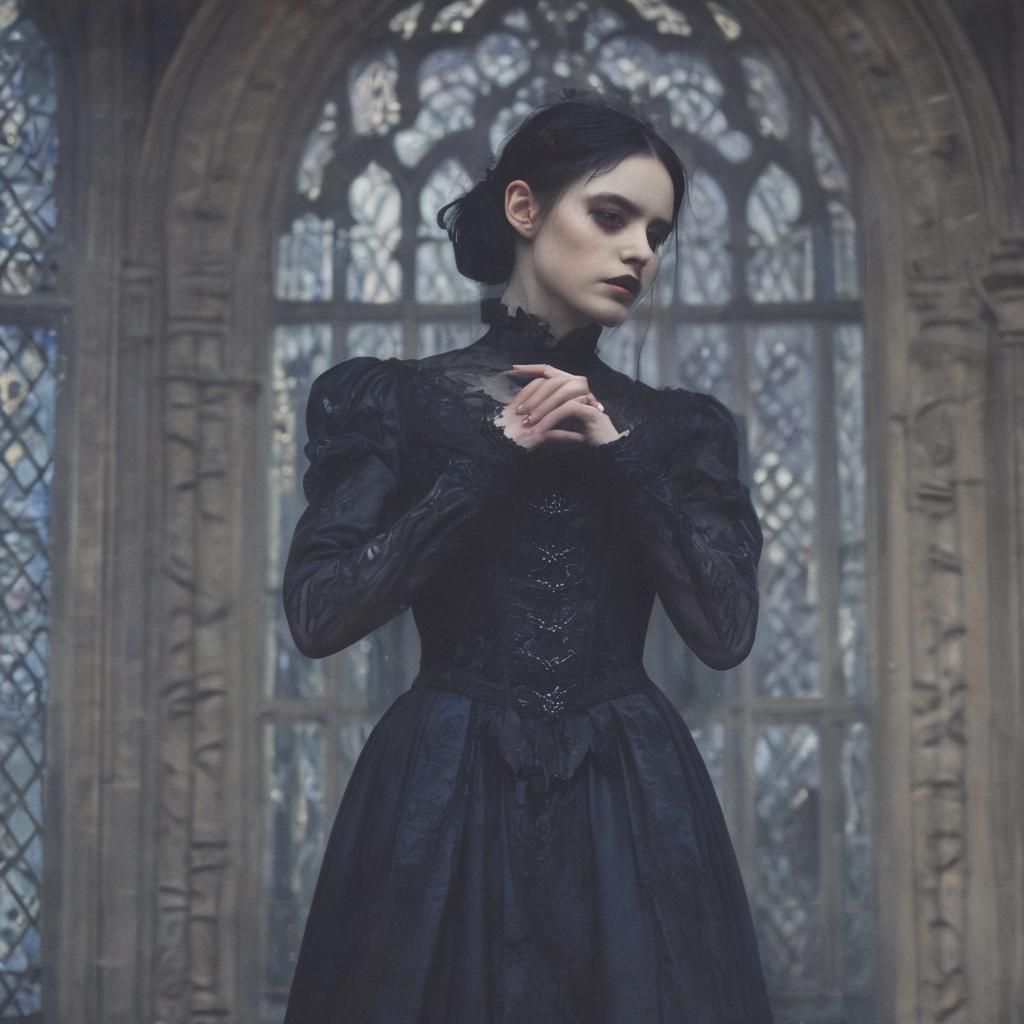 Gothic Victorian Architecture with Solemn Woman