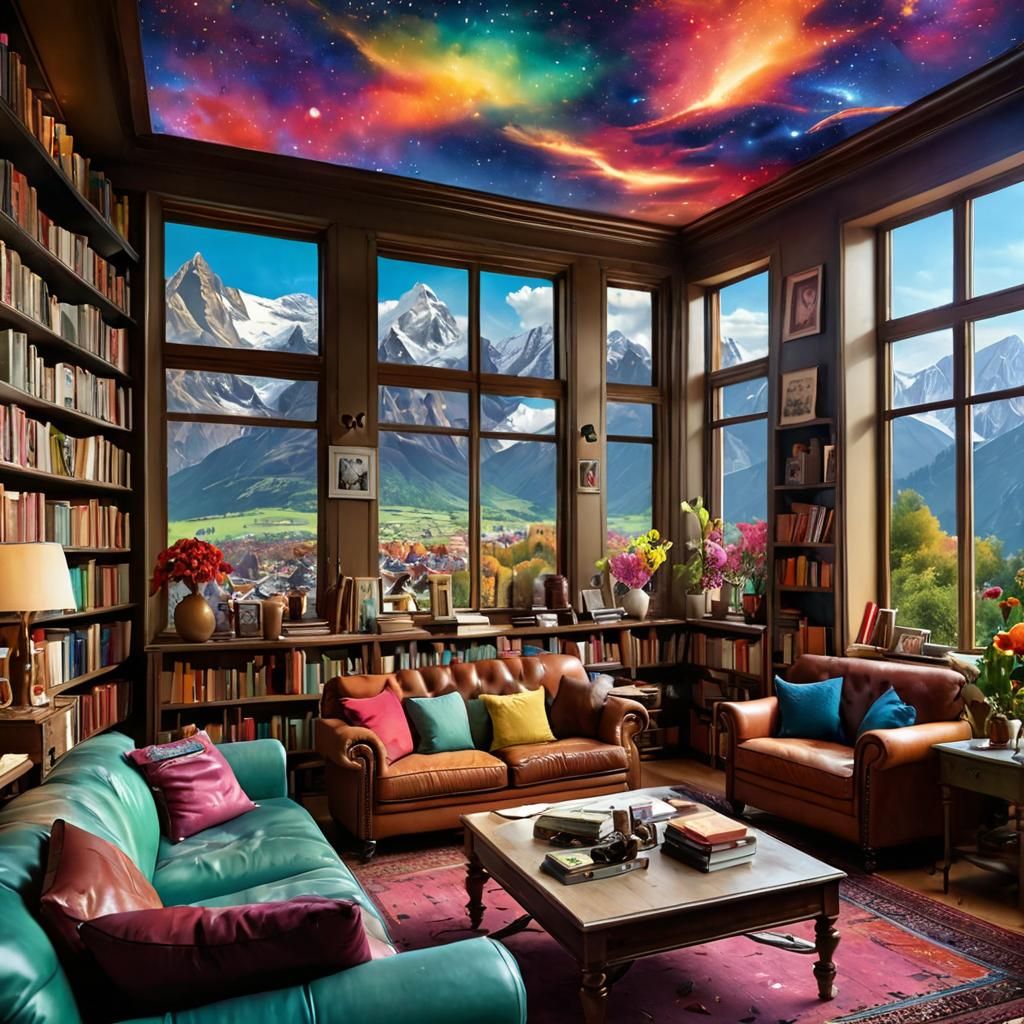 Cozy Living Room with Alps View, Hyper-Realistic