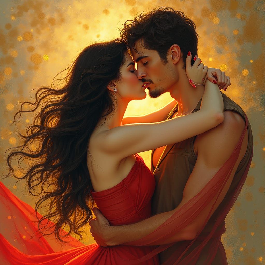 Passionate Kissing Couple in Detailed Pen Art Style