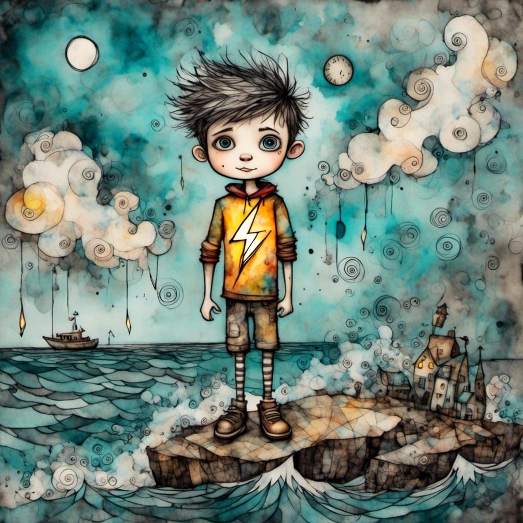 Boy with Lightning Bolt on Stormy Shore