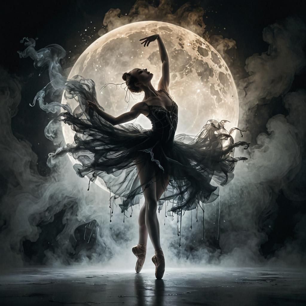 Mysterious Ballet Dancer in Moonlight with Dark Fantasy Moti...