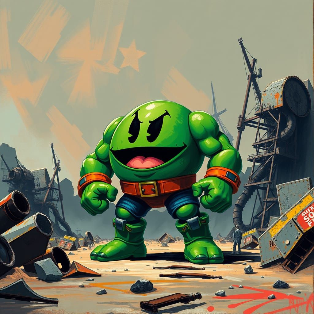 Gritty, Post-Apocalyptic Pac-Man Towers Over a Ruined Landsc...