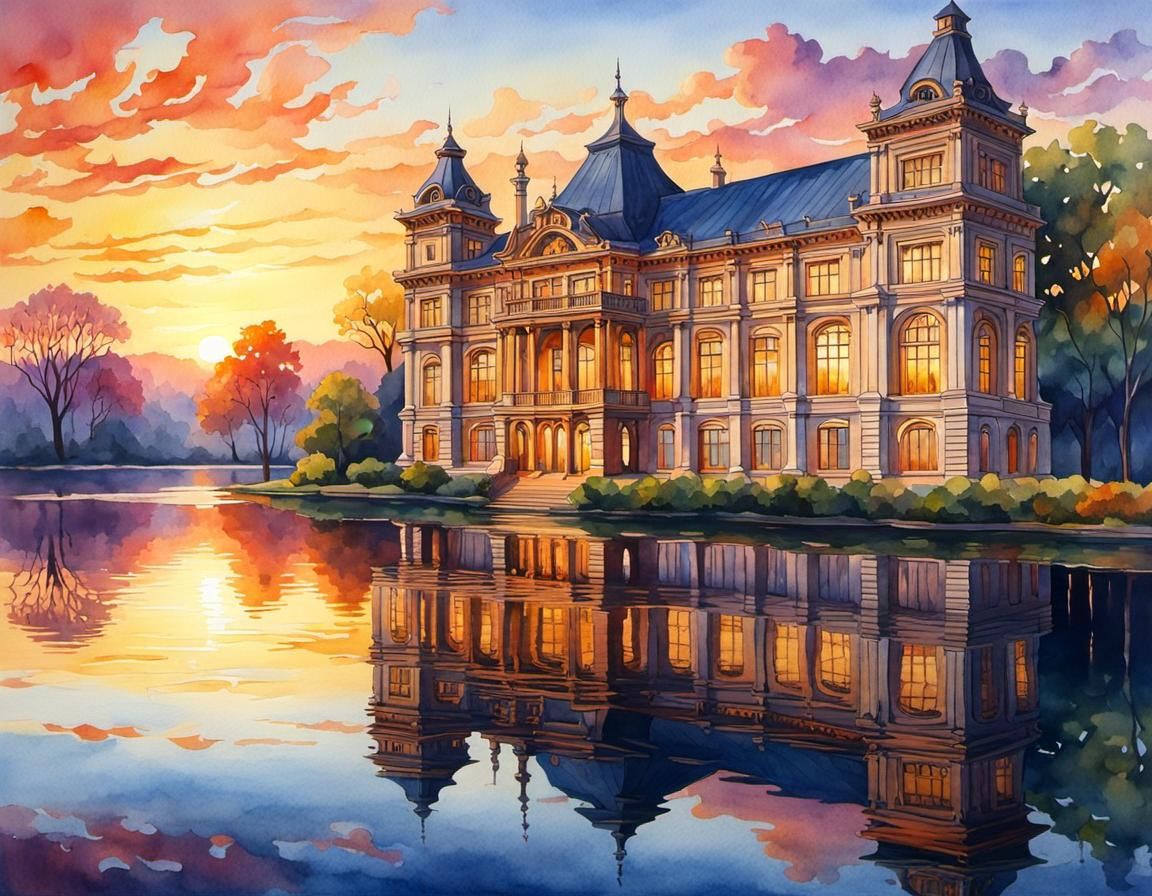 Sunset Lake Building in Watercolor Landscape