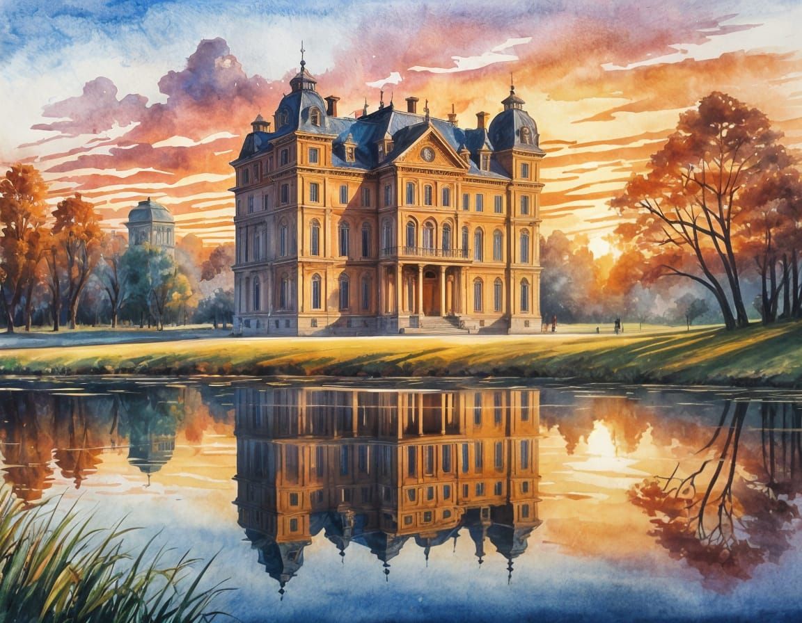 Sunset Reflections: Watercolor Lake Landscape