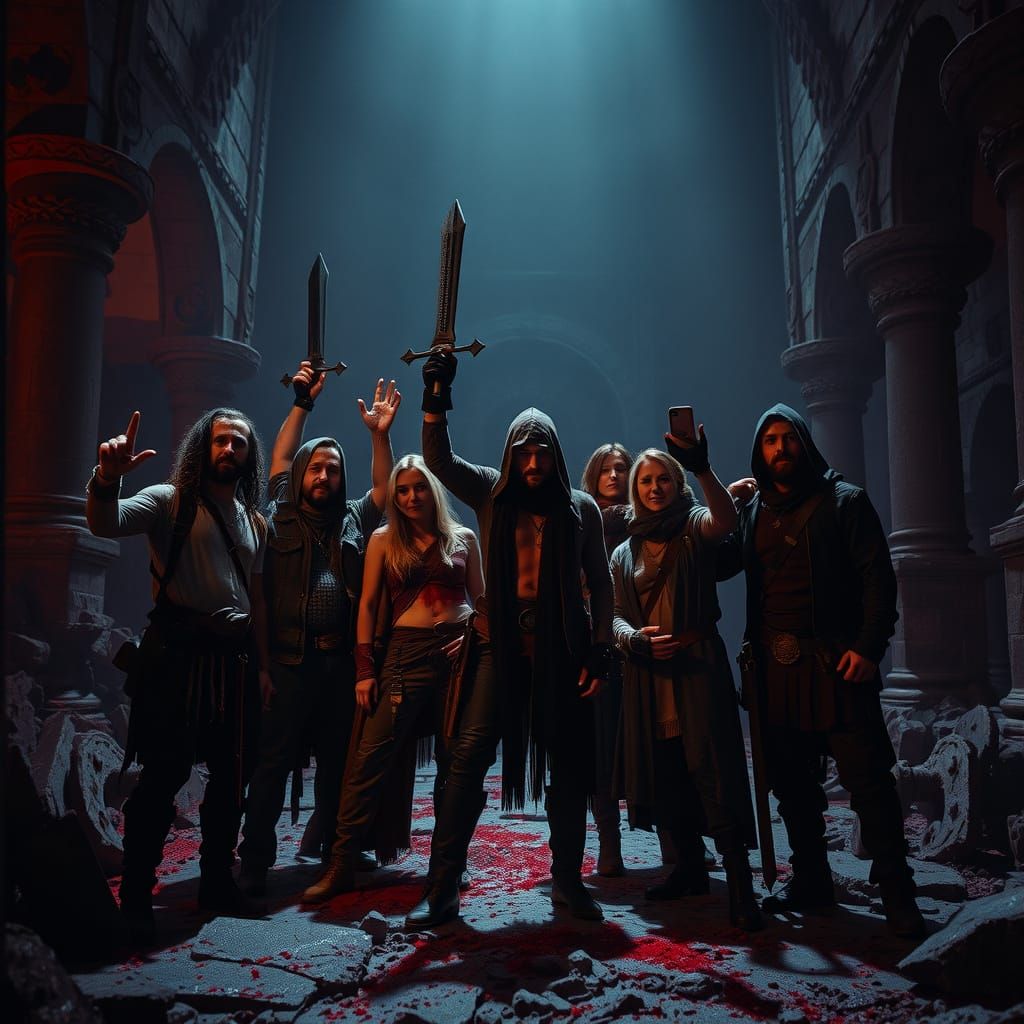 Victorious Adventuring Party in Dark Dungeon Ruins
