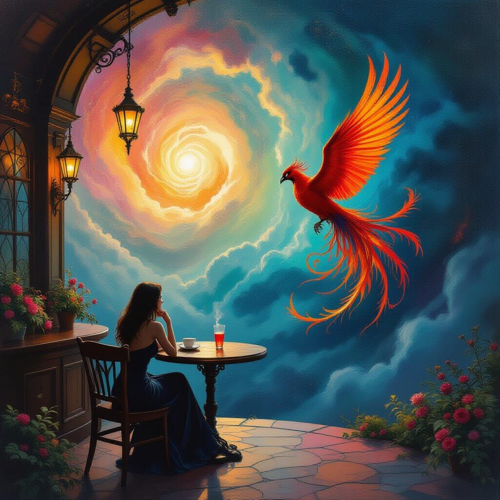 Floating Tavern in Surreal Nebulae with Phoenix