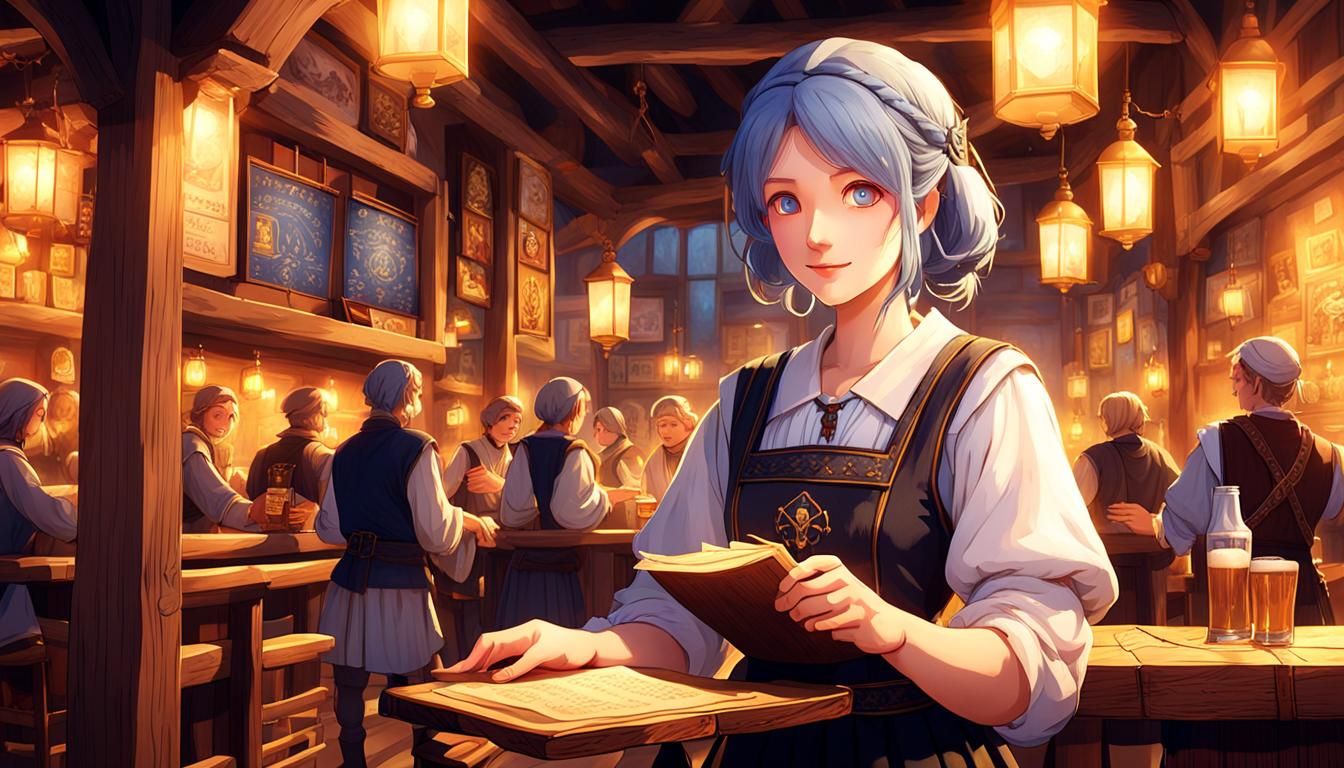 Medieval Tavern Waitress at Dusk in Realistic Anime Style
