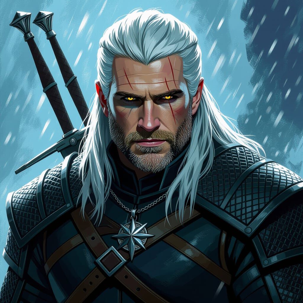 Liam Hemsworth as Geralt of Rivia in Dark Fantasy Style
