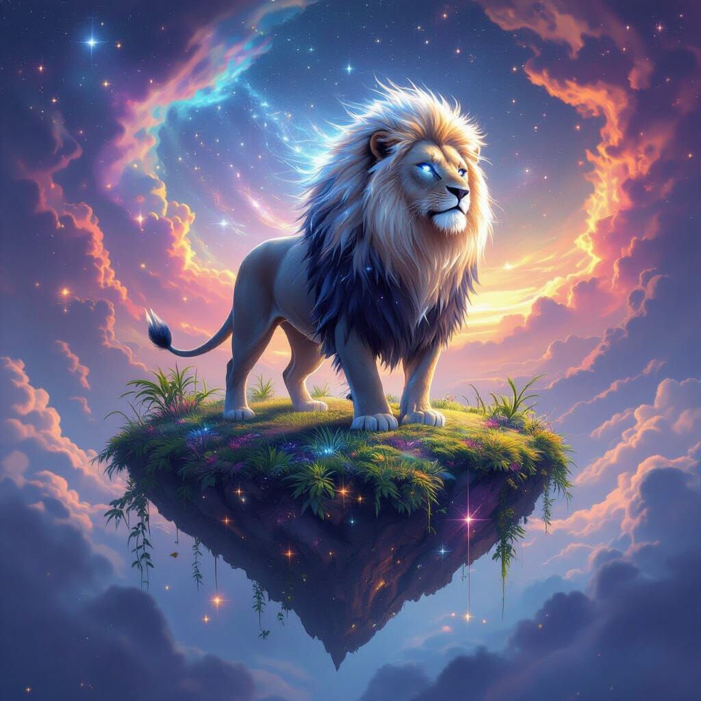 Lion with Starlight Mane on Floating Island