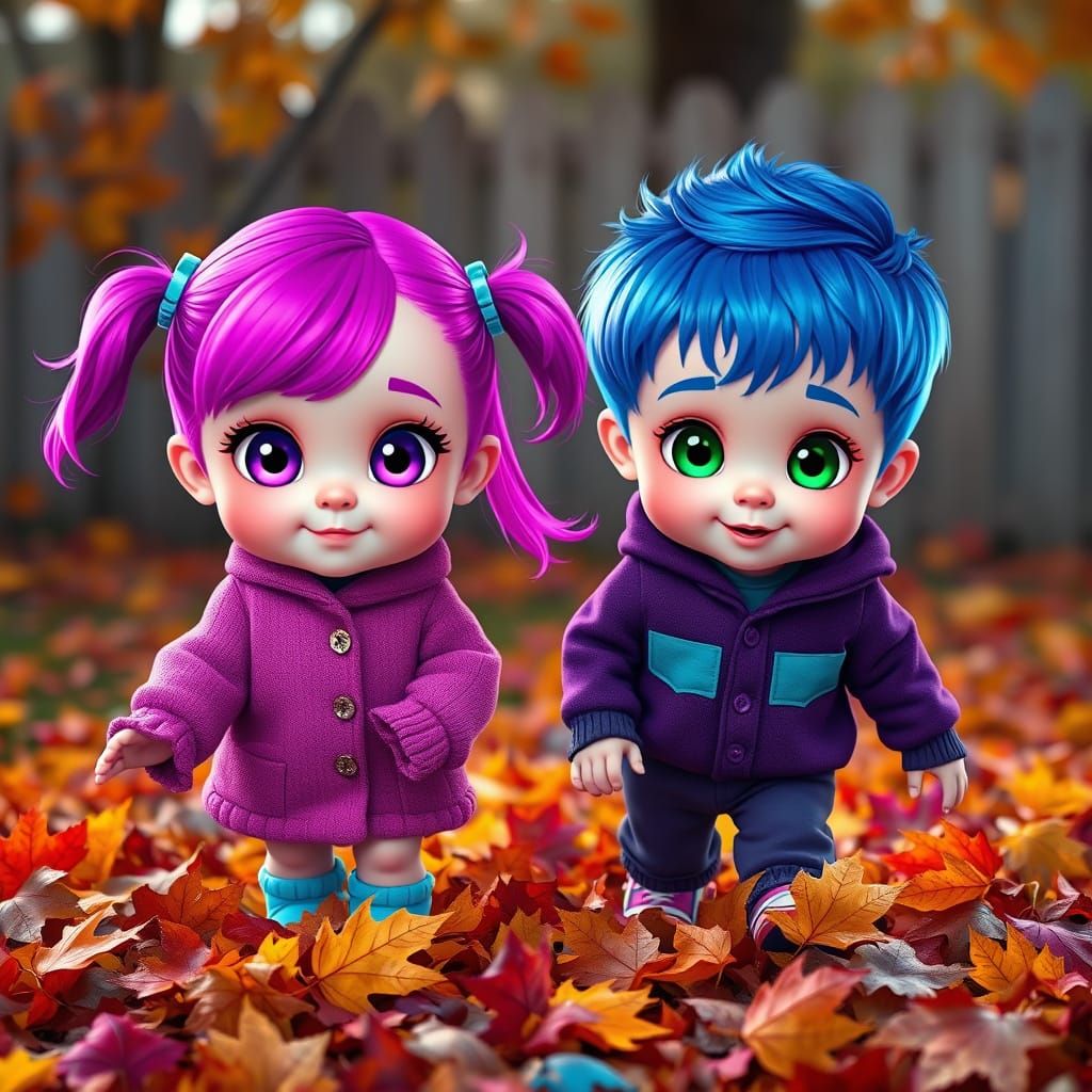 Chibi Toddlers Play in Neon Leaves, Surreal Style