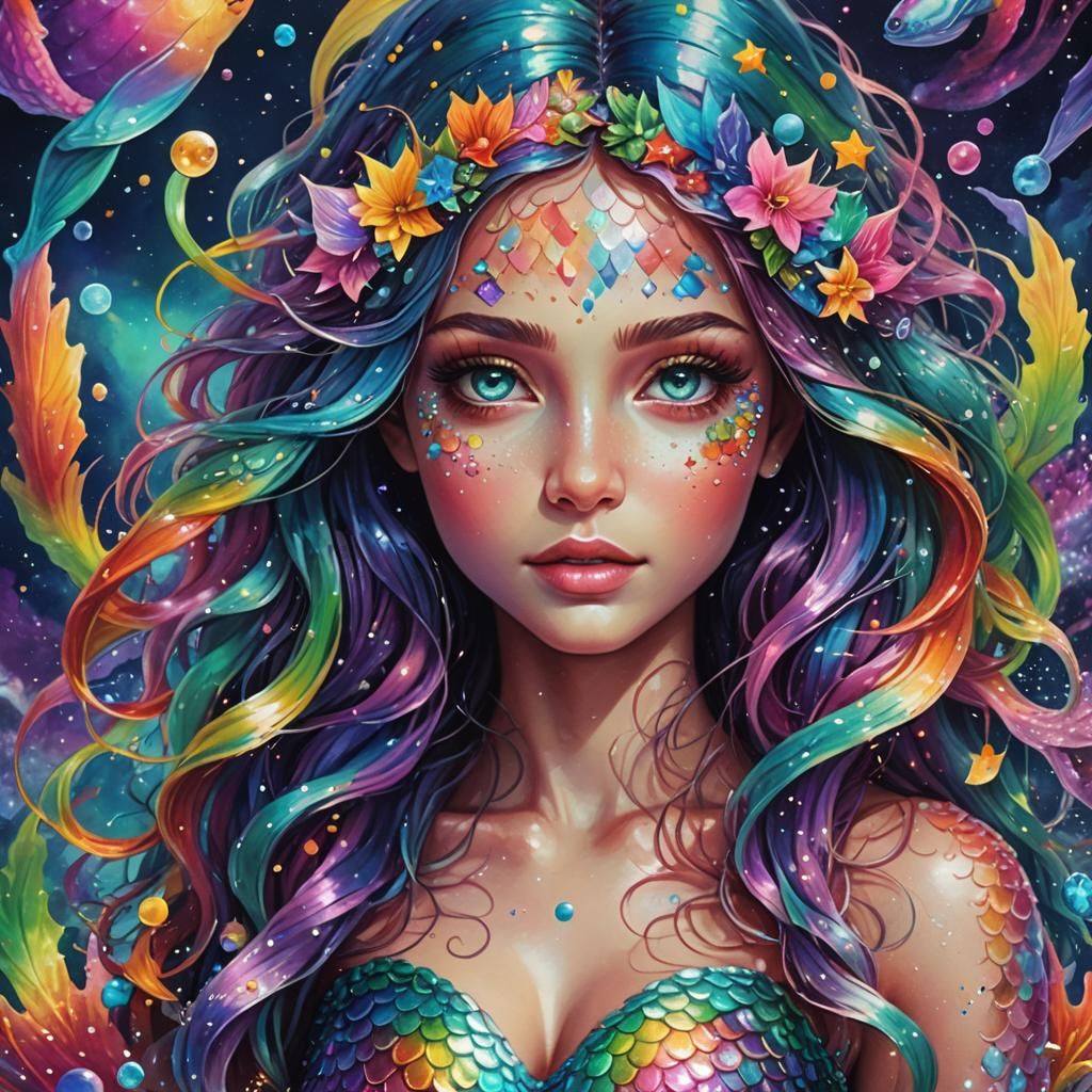 Rainbow Mermaid in Holographic Astral Illustration
