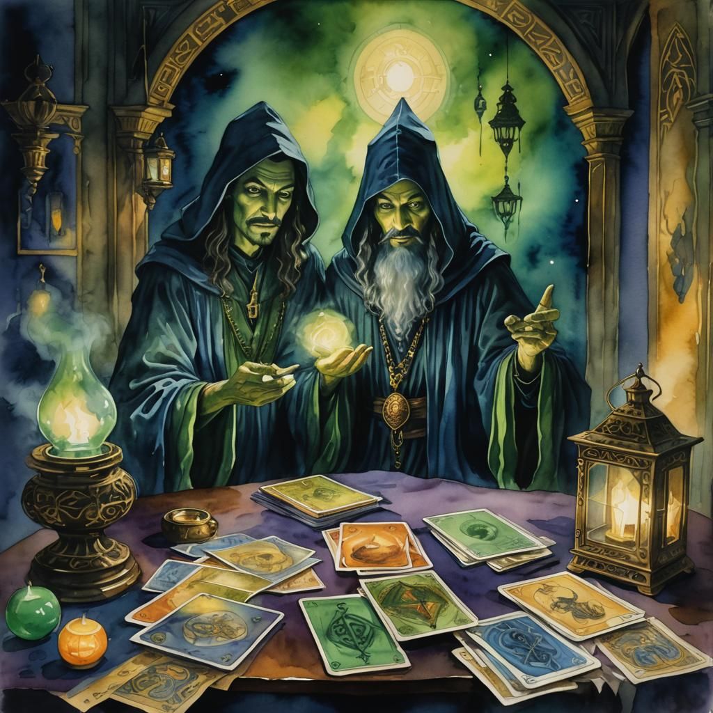Mystic Surrounded by Tarot Cards in Dark Fantasy