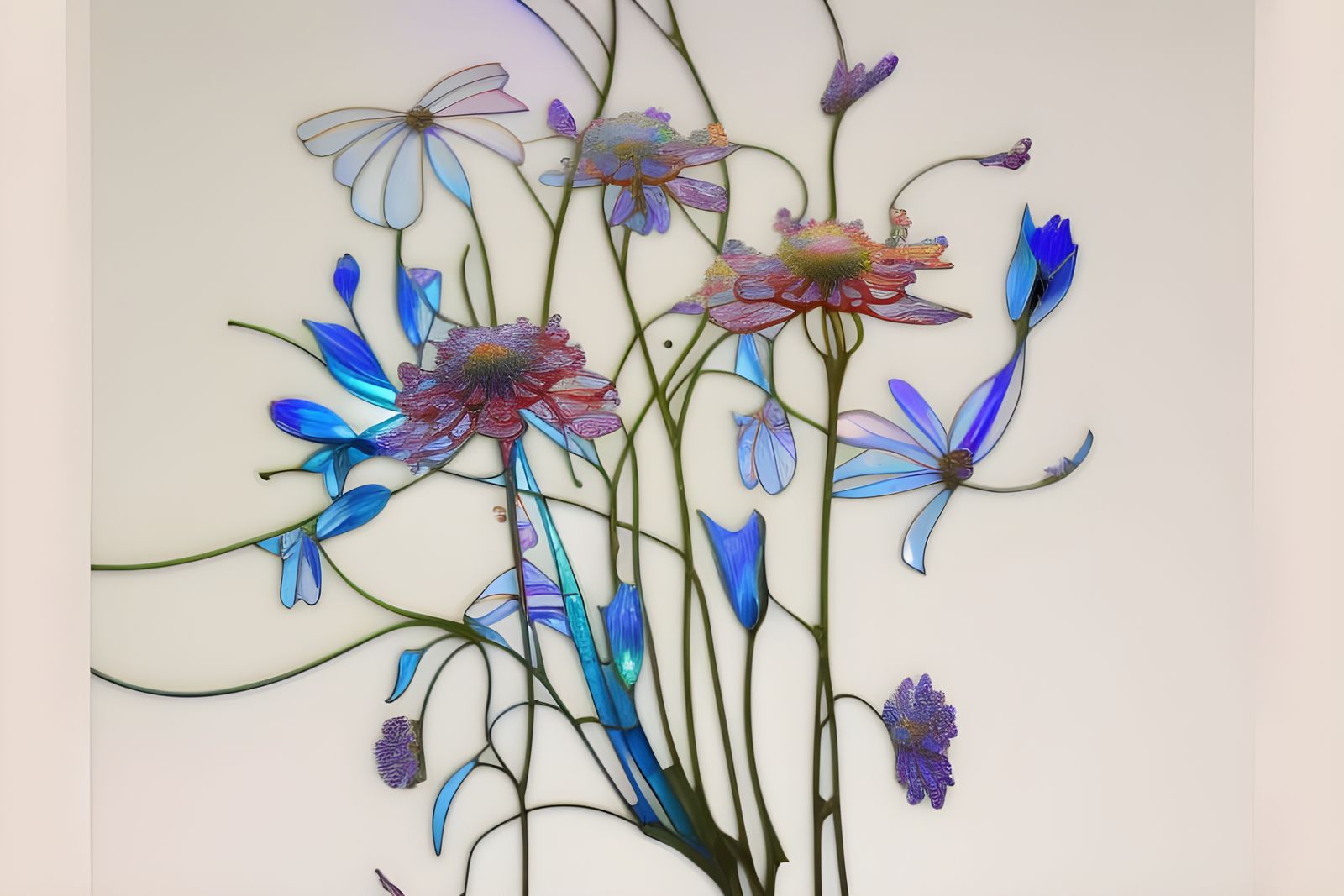 Iridescent Stained Glass: Blue Spring Flowers in Hyperrealis...