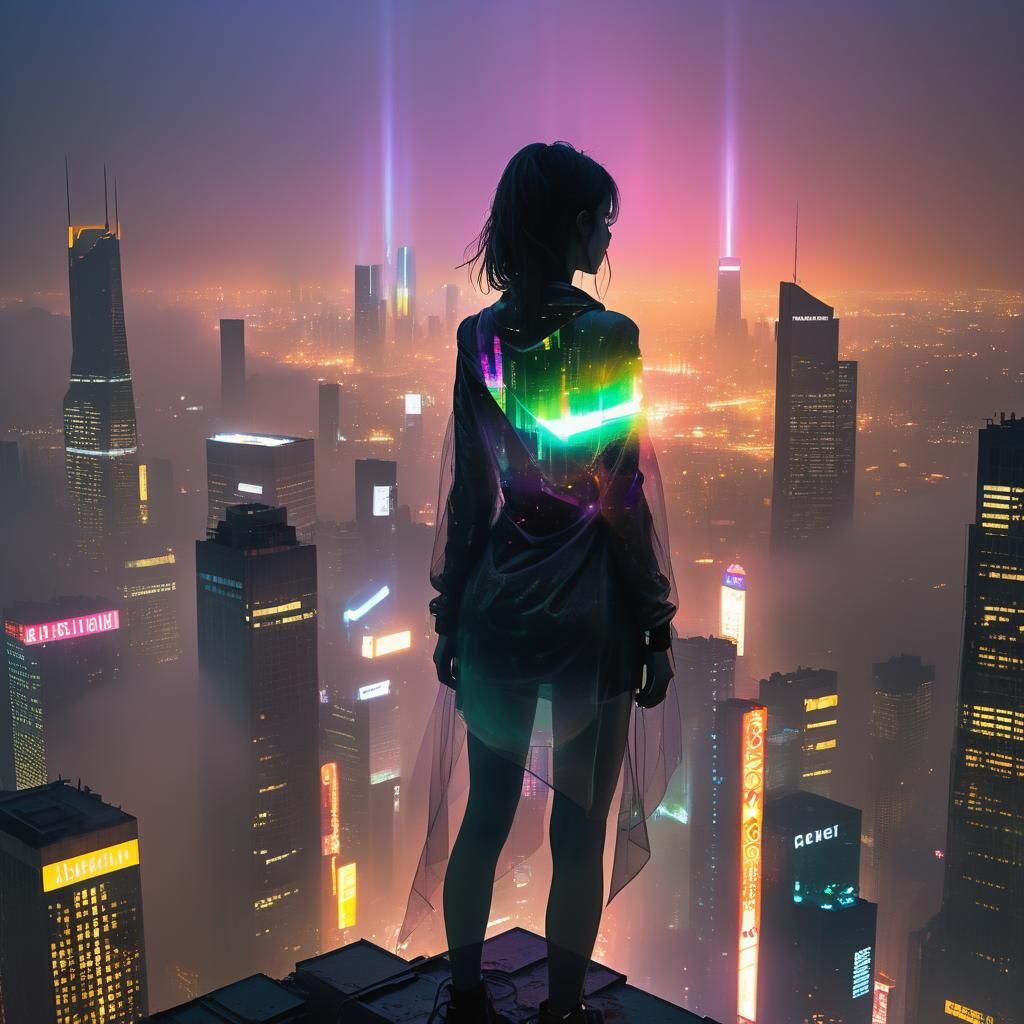 Cyberpunk Silhouette Over Neon Cityscape