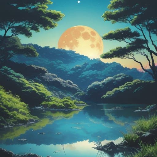 Gigantic Moon Over Lush Landscape in Anime Style
