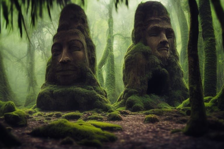 Giant Stone Heads Lost in Jungle: Surreal Photo