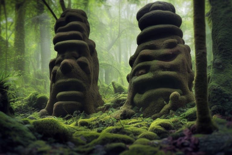 Ancient Stone Heads in Jungle: Hyperrealistic Nature Photogr...