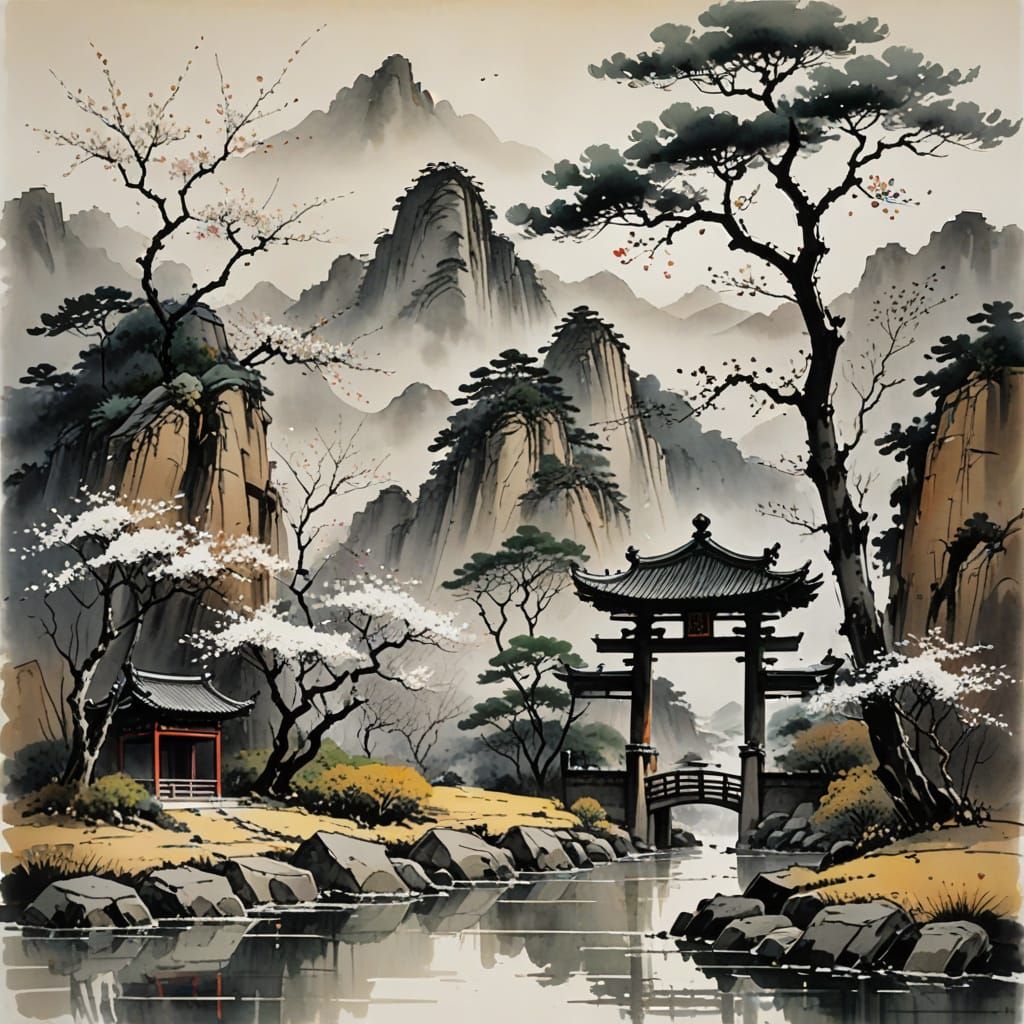 Serene Spring Mountain Landscape in Traditional Chinese Ink ...