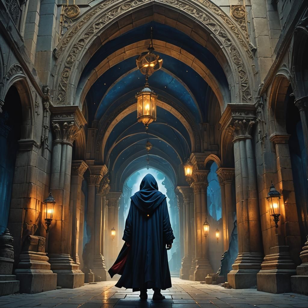 Hooded Figure in Gothic Archway: Surreal Digital Art