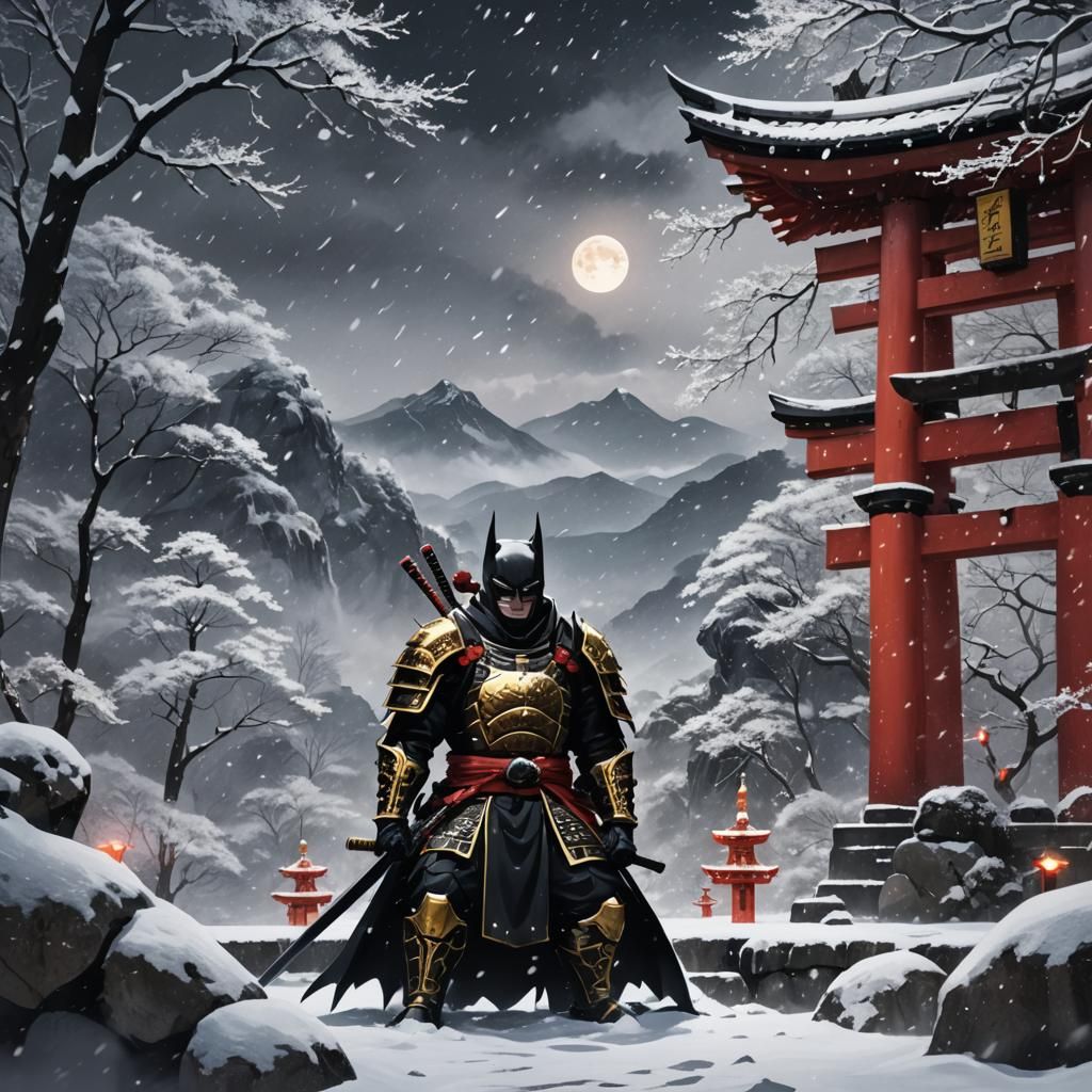 Samurai Batman Meditates in Snowy Mountains, Anime Art