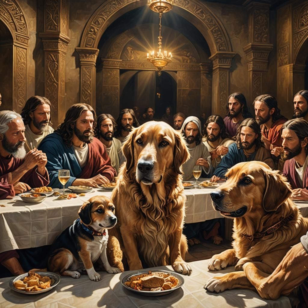 Dog Replaces Jesus at Last Supper: Oil Painting