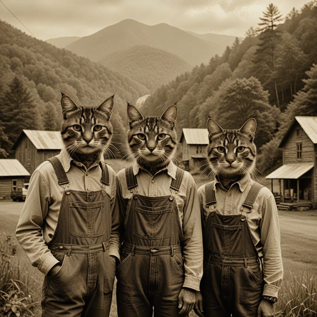 Anthropomorphic Cats of Appalachia in Sepia Photography