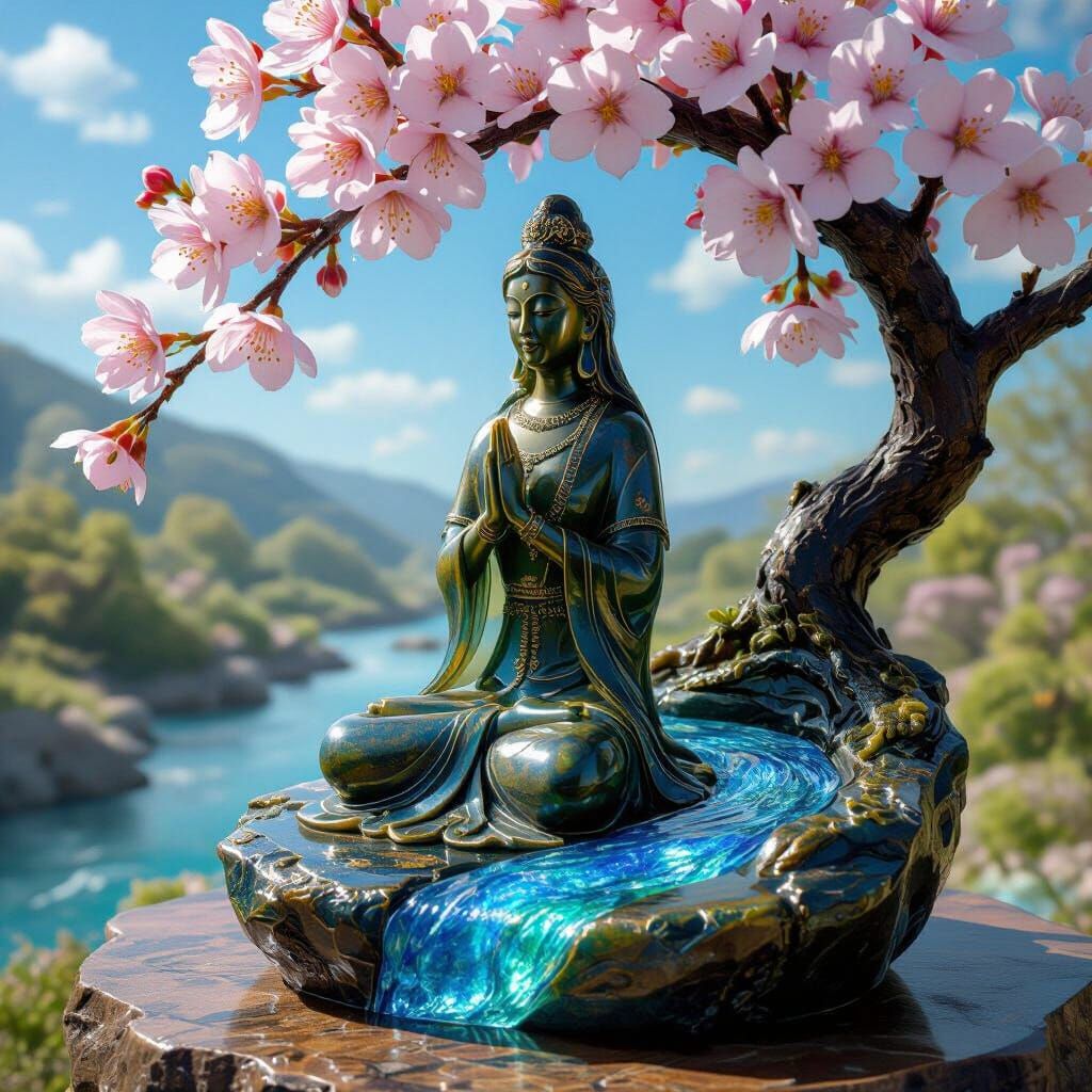 Ammolite Statue of Mara Under Plum Tree